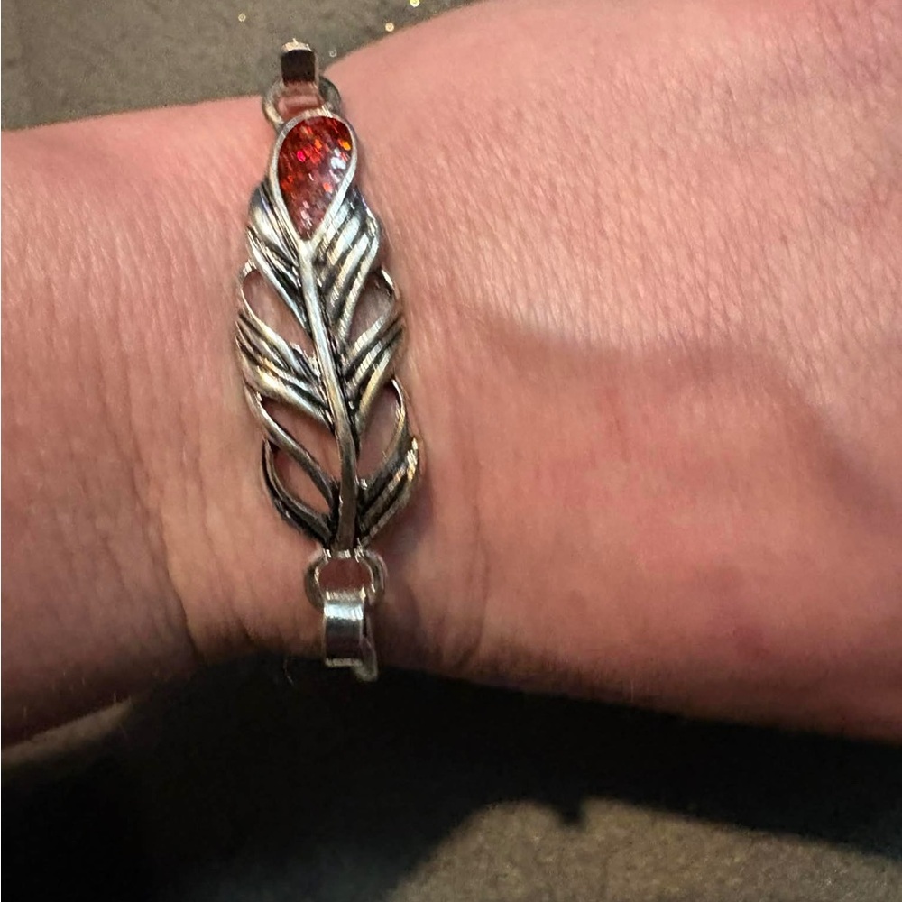 Elegant Silver and Red Leaf Bracelet